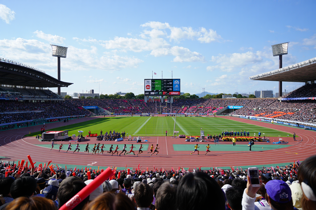 Spectacular Athletic Event: A Wide View of a Crowded Stadium with Runners Competing on the Track Under a Clear Blue Sky