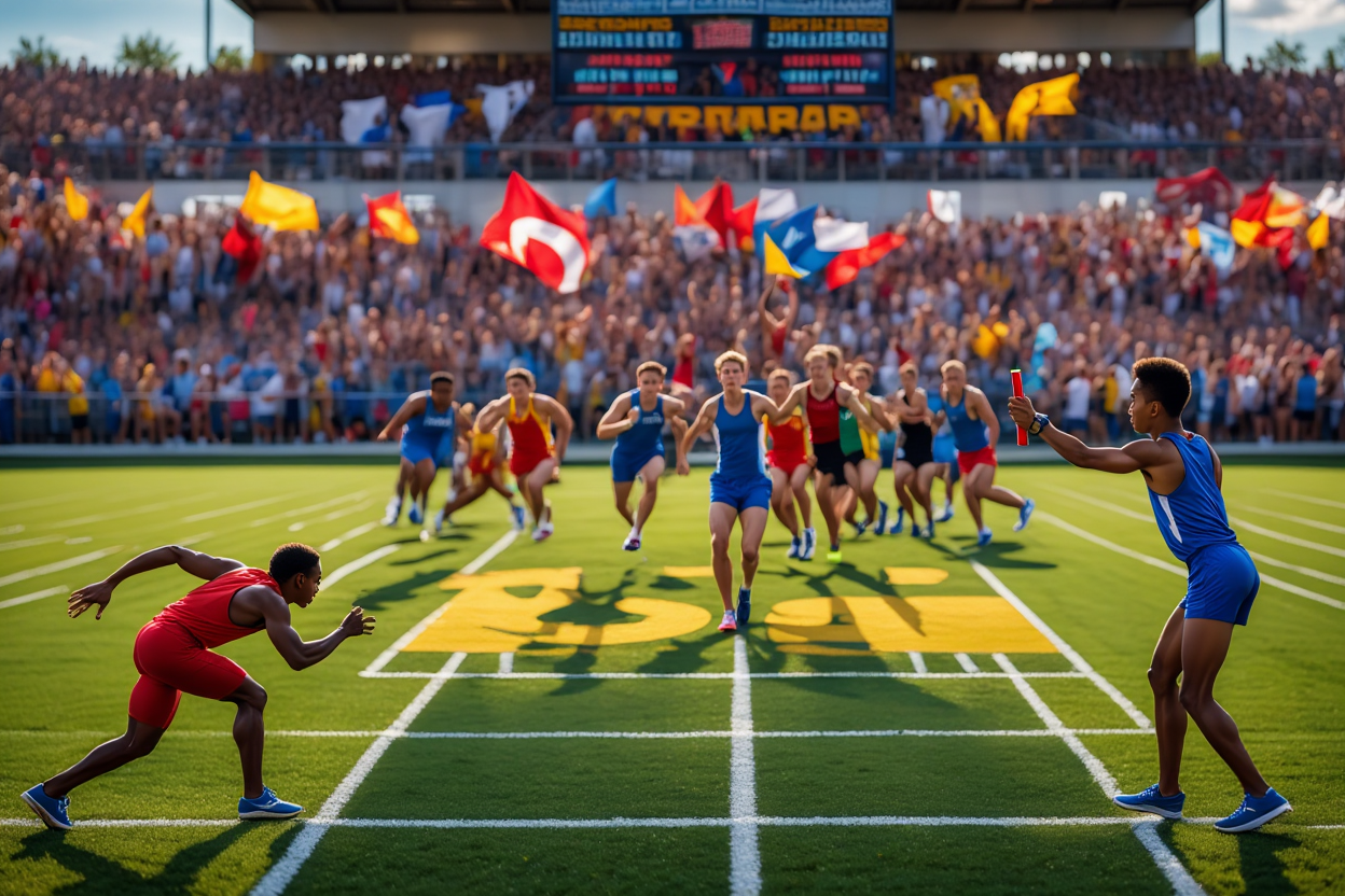 Dramatic Relay Race Showcase with Athletes Competing Against a Passionate Crowd Under a Vibrant Sky