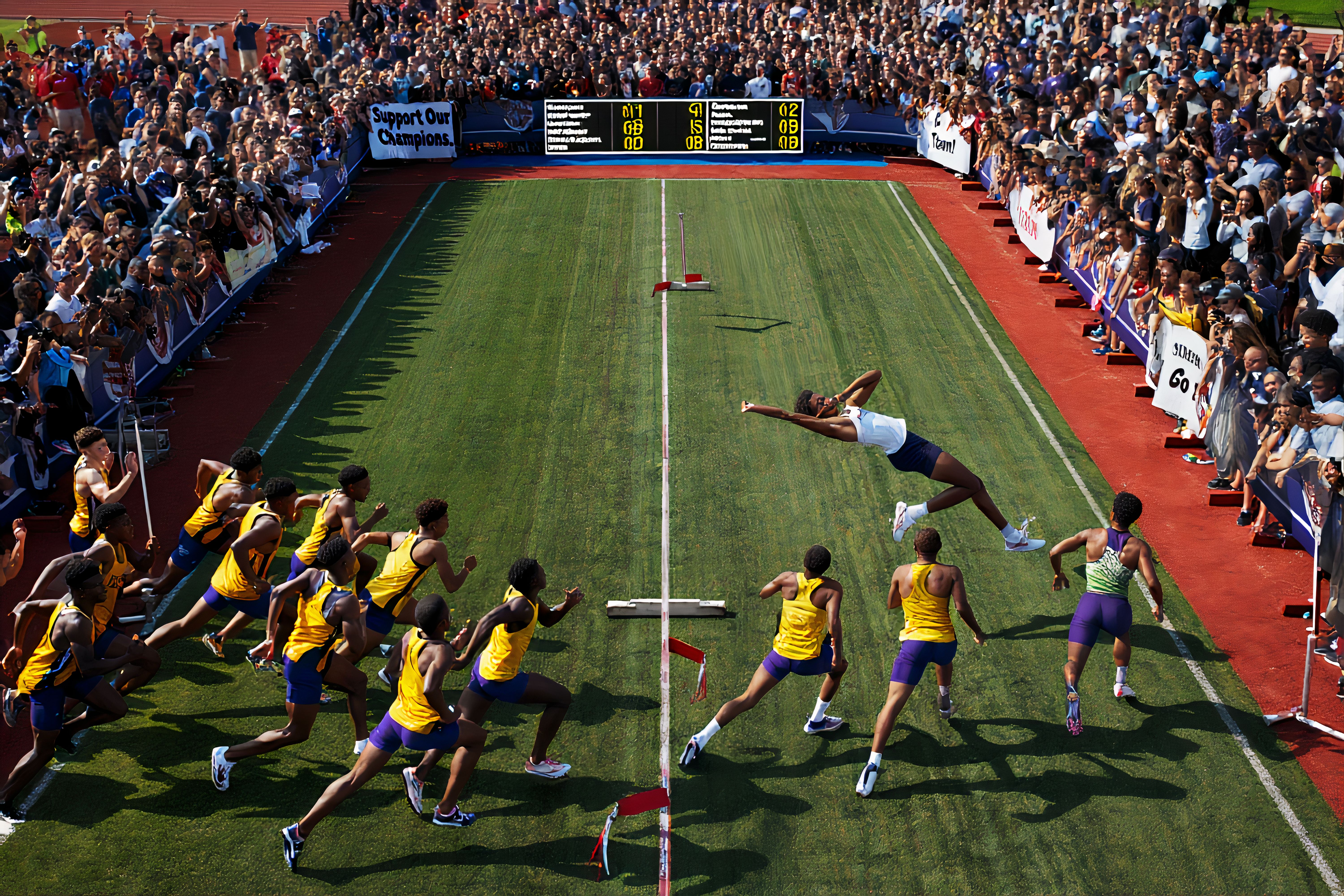 Dynamic Athlete Leaps Towards Victory in a Thrilling Track and Field Event Surrounded by Enthusiastic Crowd