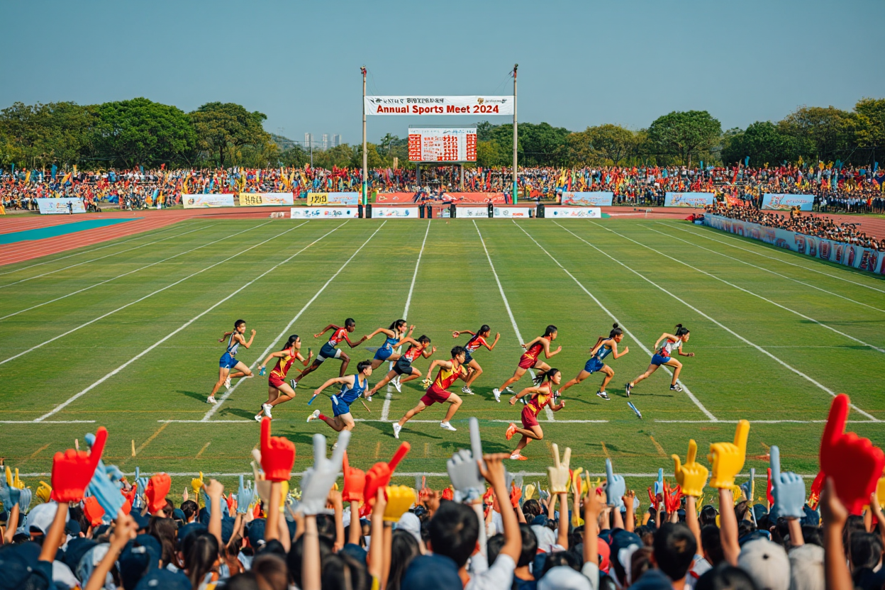 Thrilling Race at Annual Sports Meet 2024: Athletes Compete in Vibrant Atmosphere with Enthusiastic Crowd Cheering Ahead