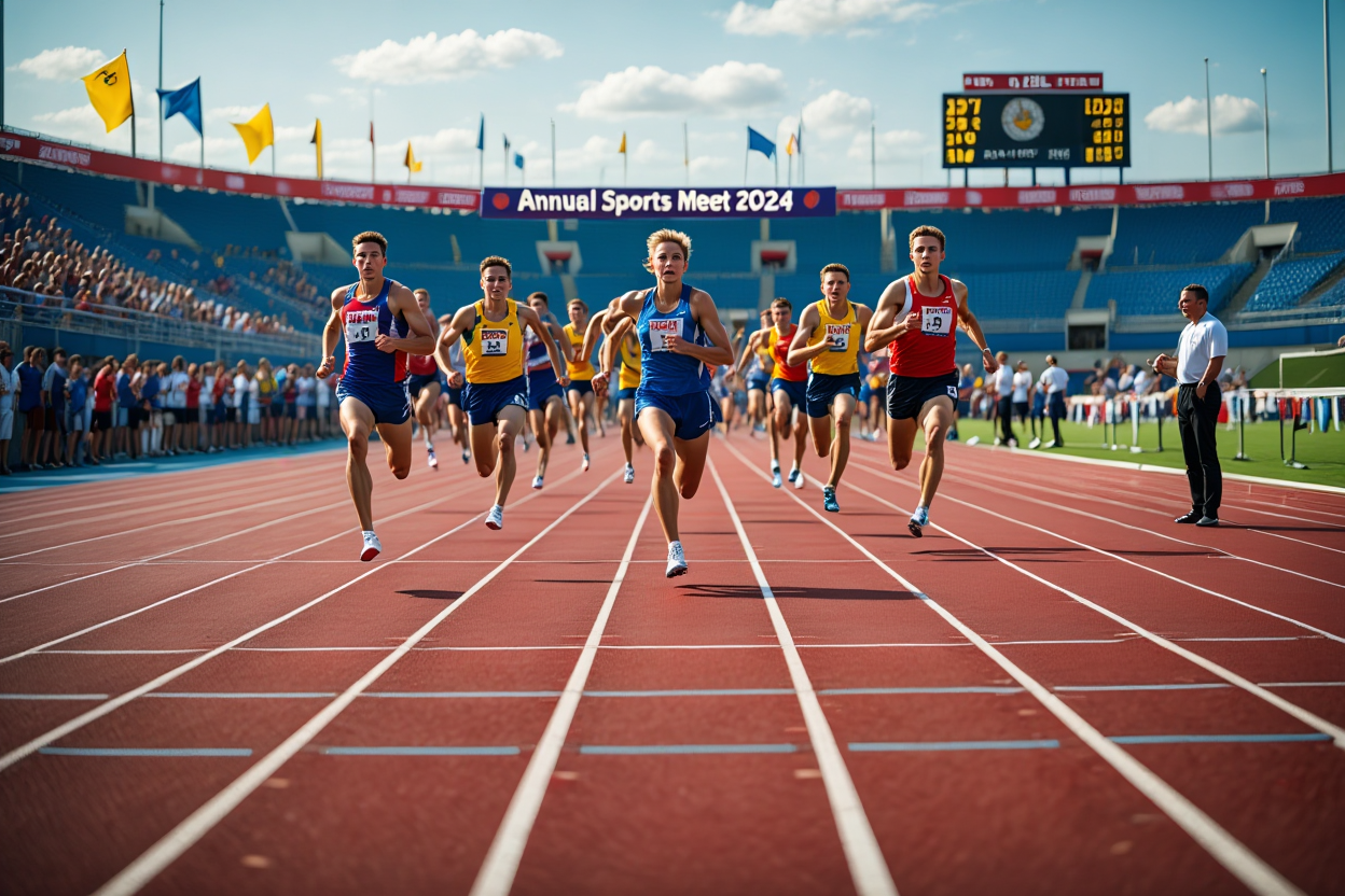 Thrilling Sprint at the Annual Sports Meet: Athletes Compete for Glory in a High-Stakes Race on a Sunny Day