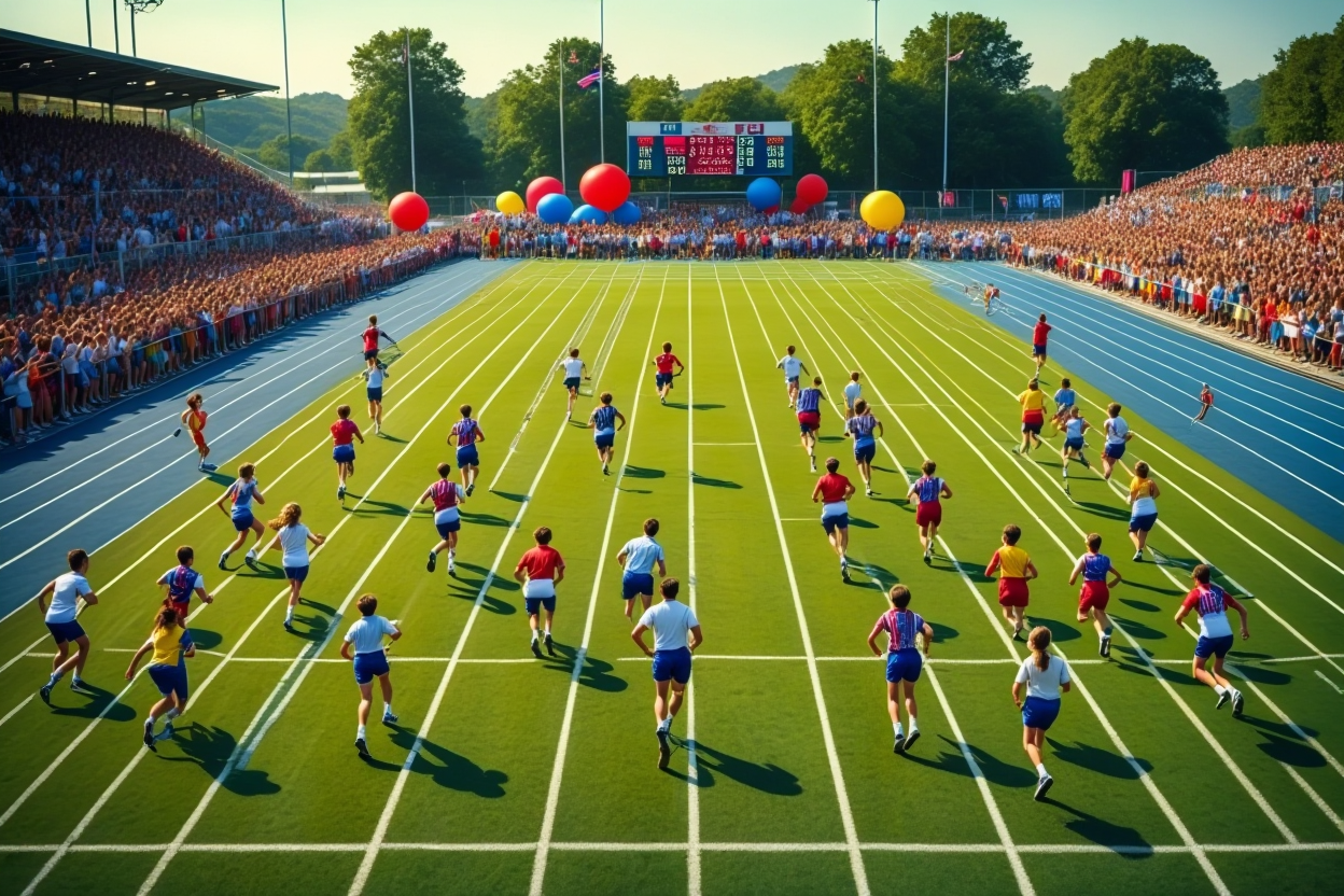 Dynamic Athletic Competition: A Thrilling Scene of Runners in Action During a Vibrant Track Event, Surrounded by an Enthusiastic Crowd and Colorful Decorations