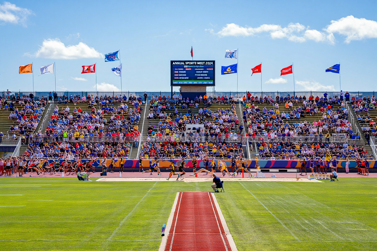 Exciting Scene of a Vibrant Sports Meet with Athletes Competing on the Track and Spectators Cheering from the Stands