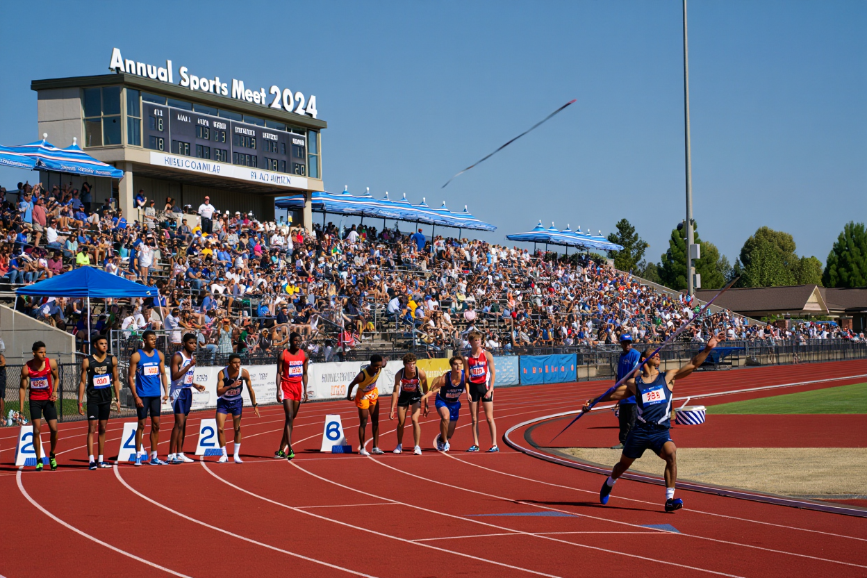 Dynamic Display of Athleticism at the Annual Sports Meet: A Vibrant Competitive Atmosphere with Enthusiastic Spectators