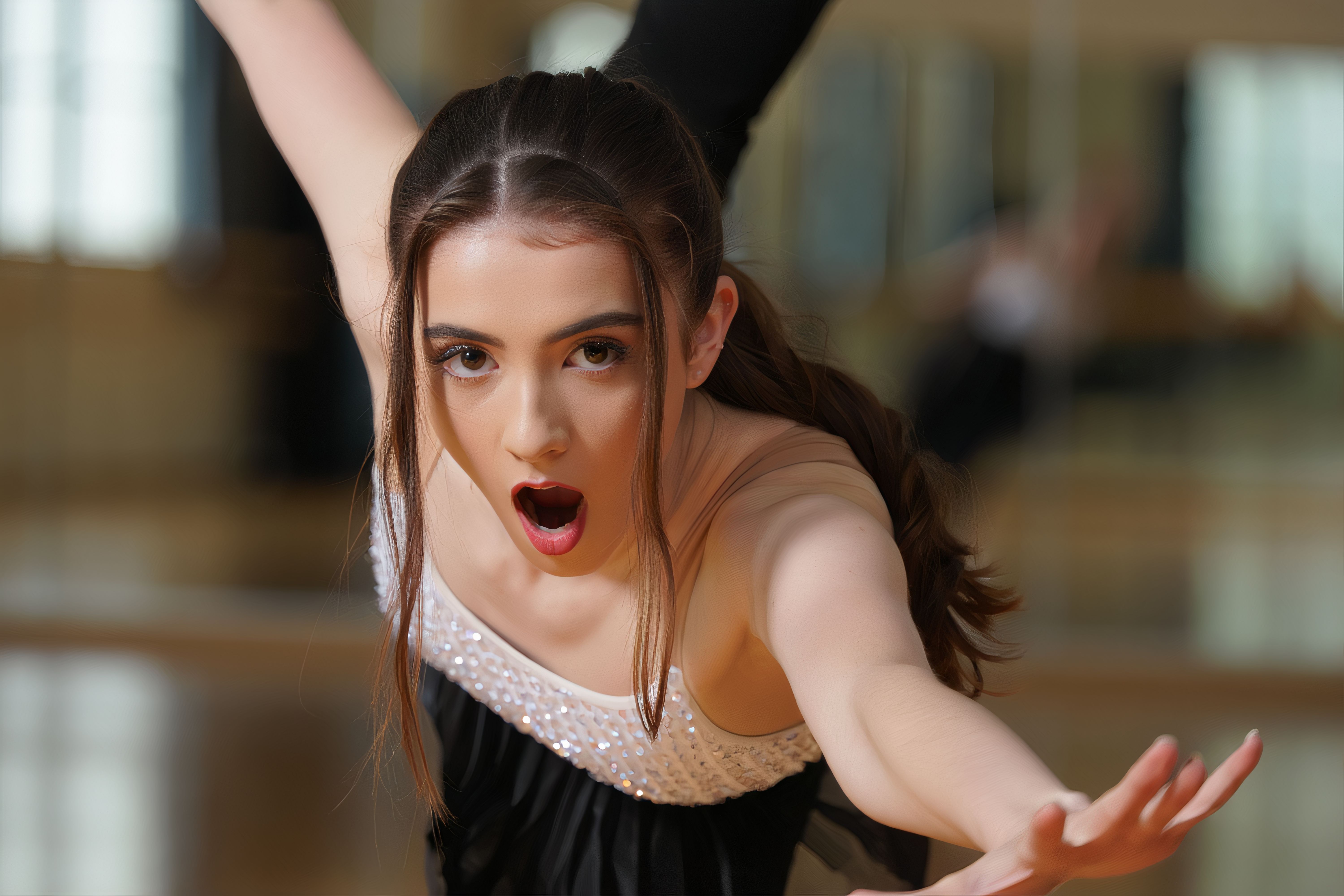 Dynamic Dance Performance Captured in Mid-Movement Expressing Emotion and Intensity with Engaging Facial Expressions