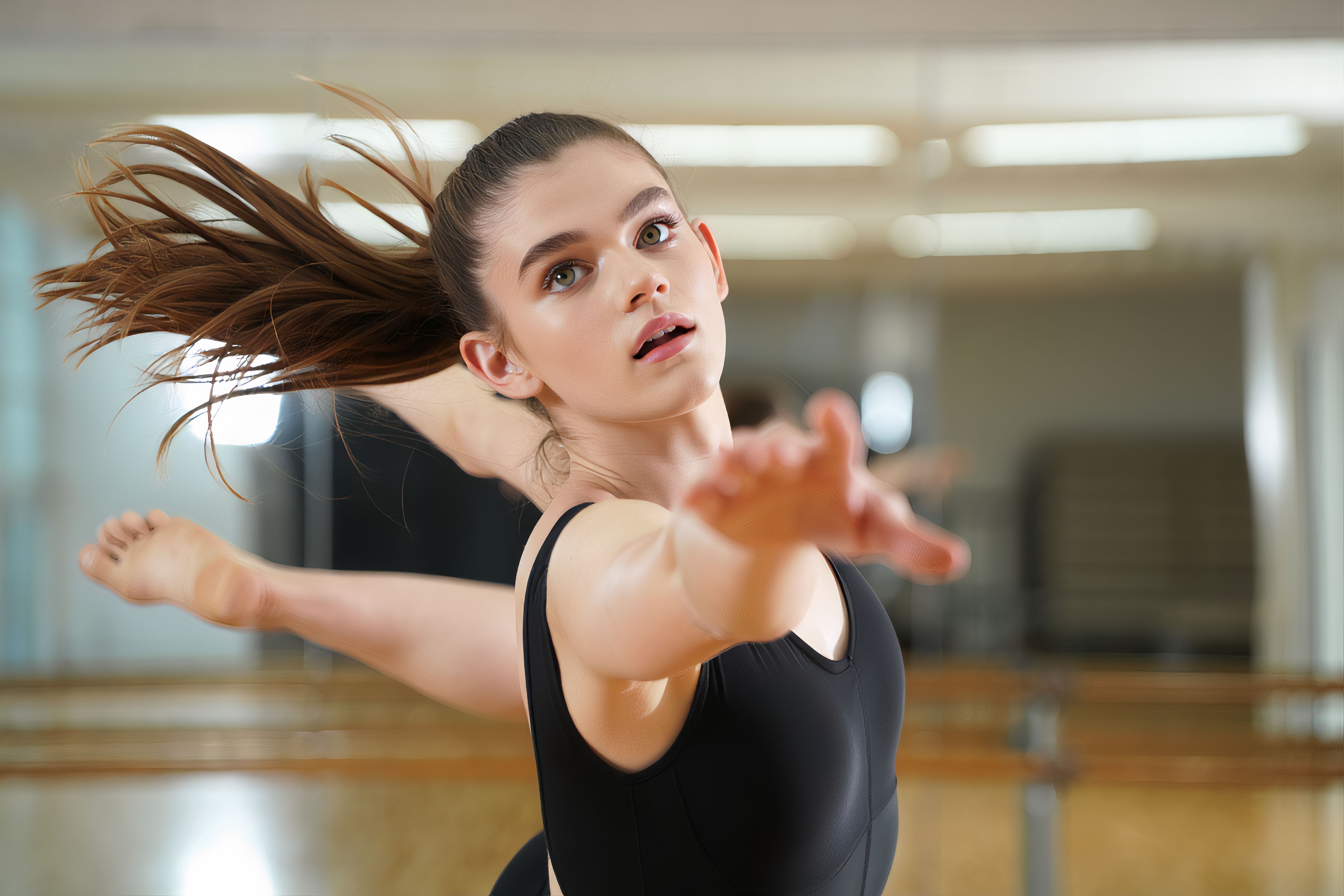 Graceful Young Dancer in Motion Captured in Dance Studio with Exceptional Posture and Expression