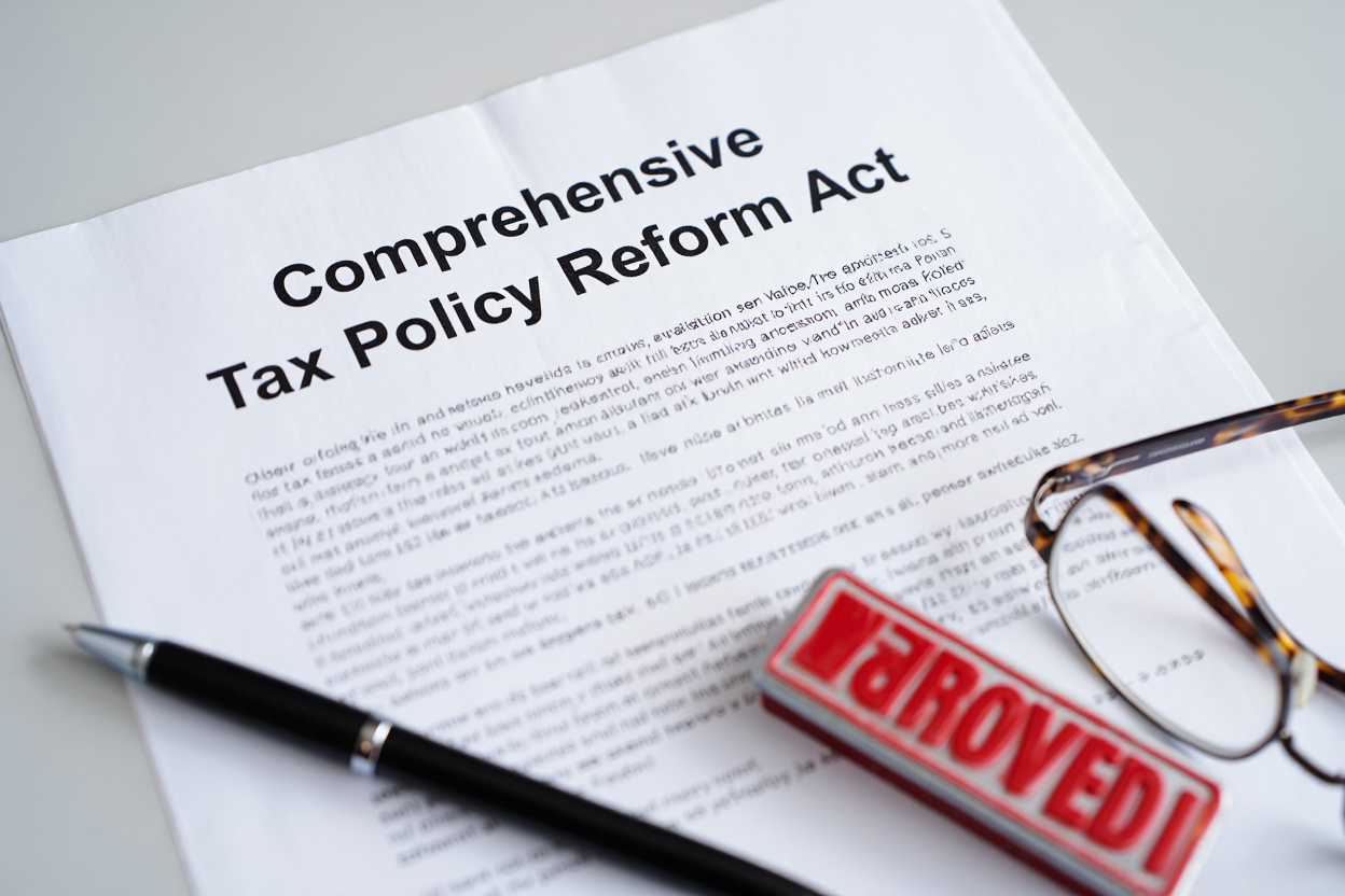 Comprehensive Tax Policy Reform Act Document with Approved Stamp and Writing Instruments on Table