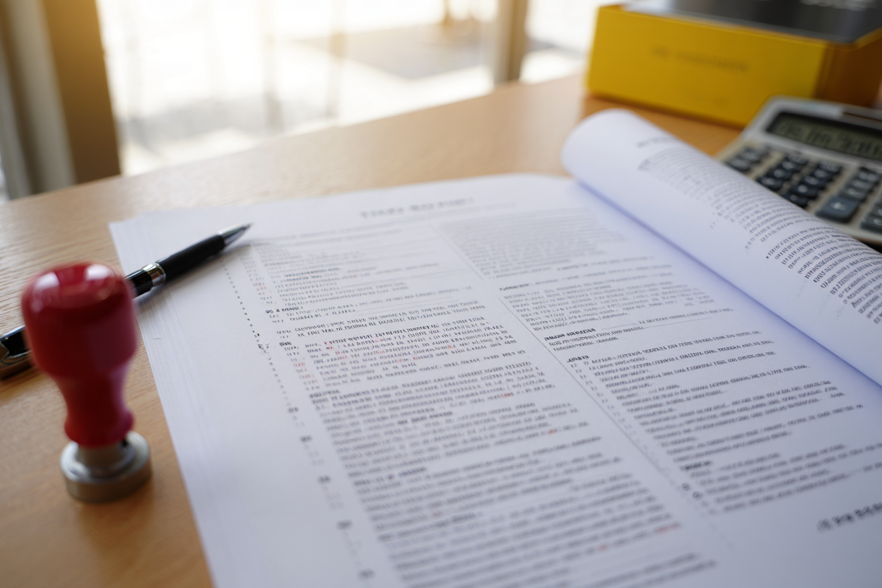 Detailed Document Focused on Report Submission with Stamp and Pen on Wooden Desk Enhanced by Natural Lighting