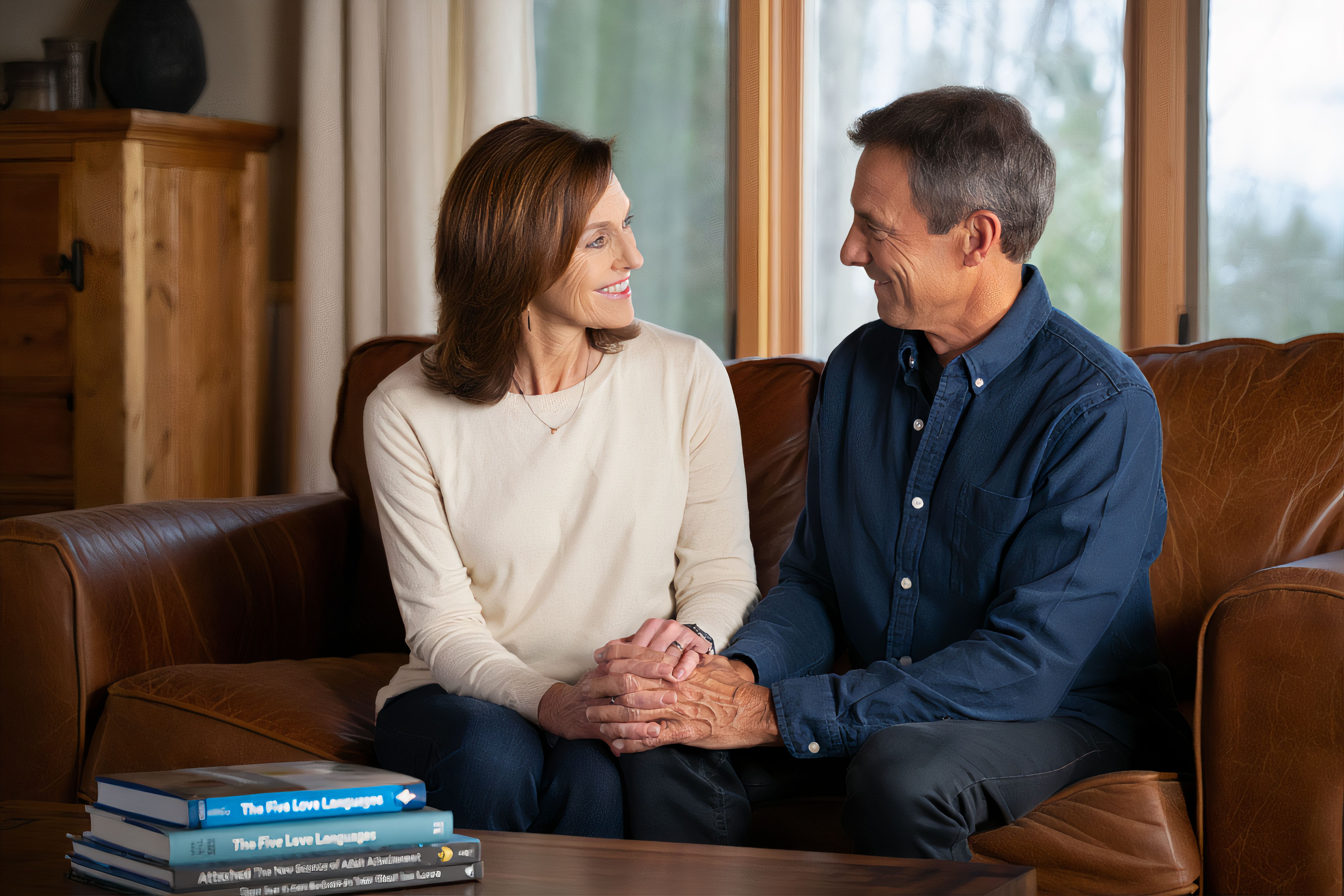 A Heartfelt Moment: A Couple Sharing a Tender Conversation in a Cozy Living Room Setting