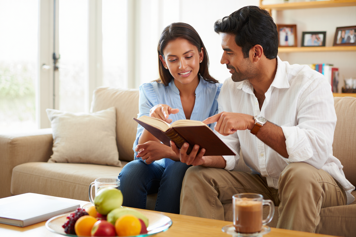 Engaging Book Discussion: A Couple Sharing Knowledge and Moments Over a Cozy Living Room Setting