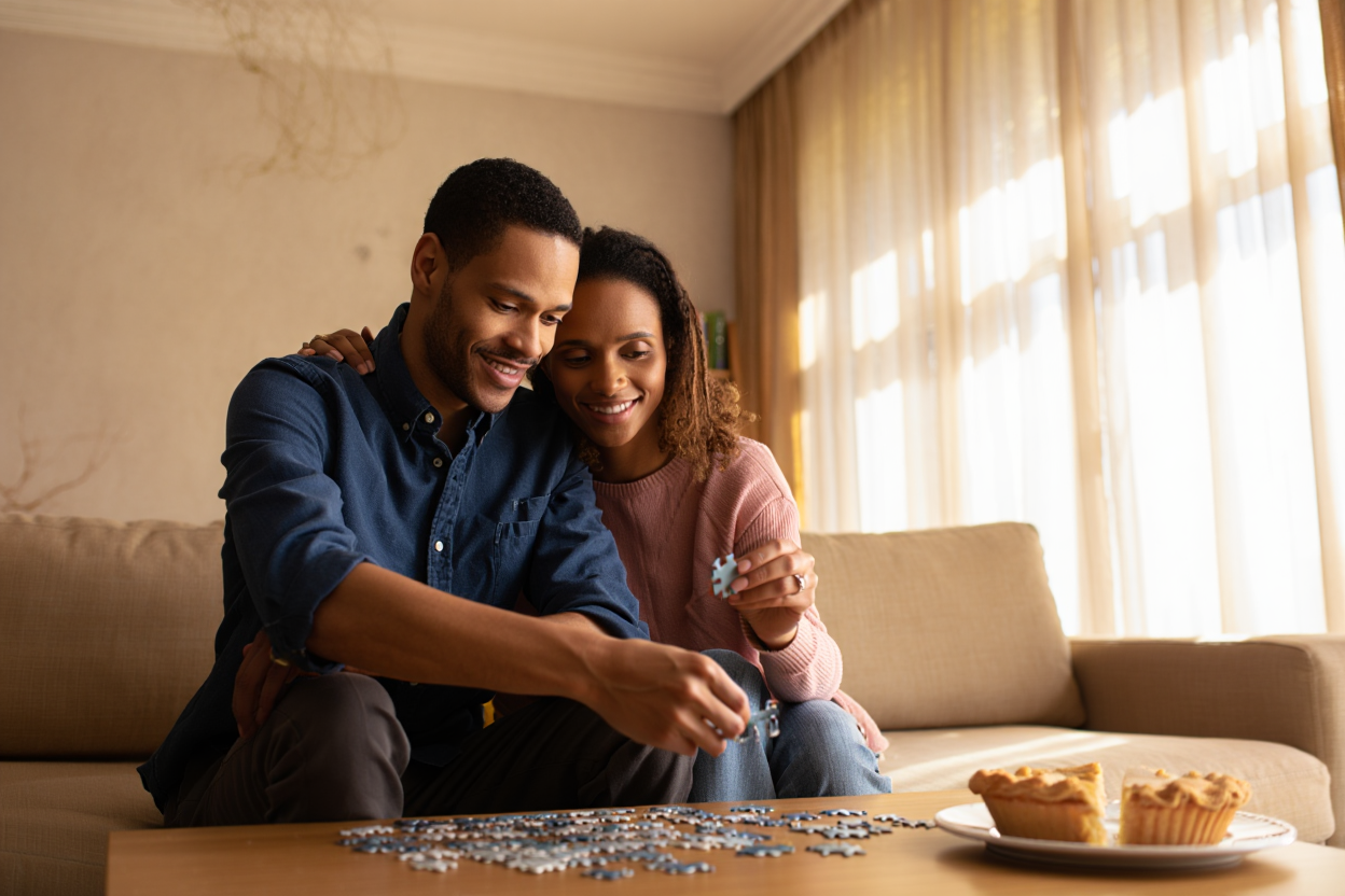 Enjoying Quality Time Together: A Couple Assembles a Jigsaw Puzzle While Sharing Laughter and Joy in a Cozy Living Room Setting
