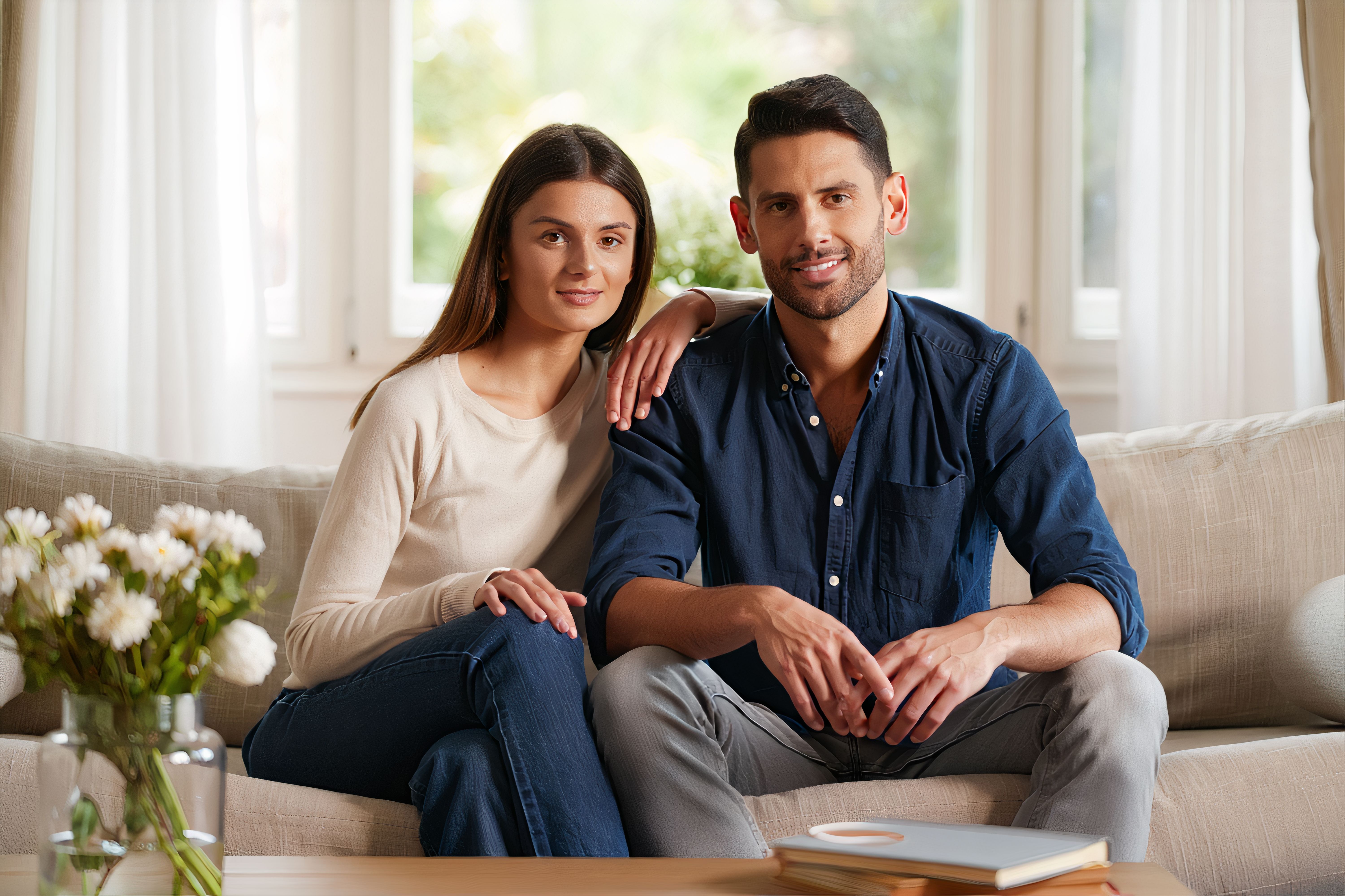 A Young Couple Smiling Together in a Cozy Living Room, Capturing a Moment of Togetherness and Joy