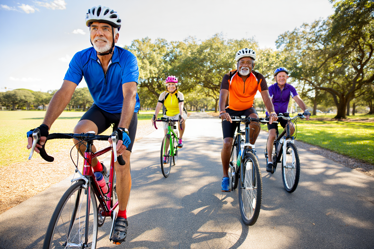A Group of Seniors Enjoying a Leisurely Bicycle Ride Through a Scenic Park on a Sunny Day