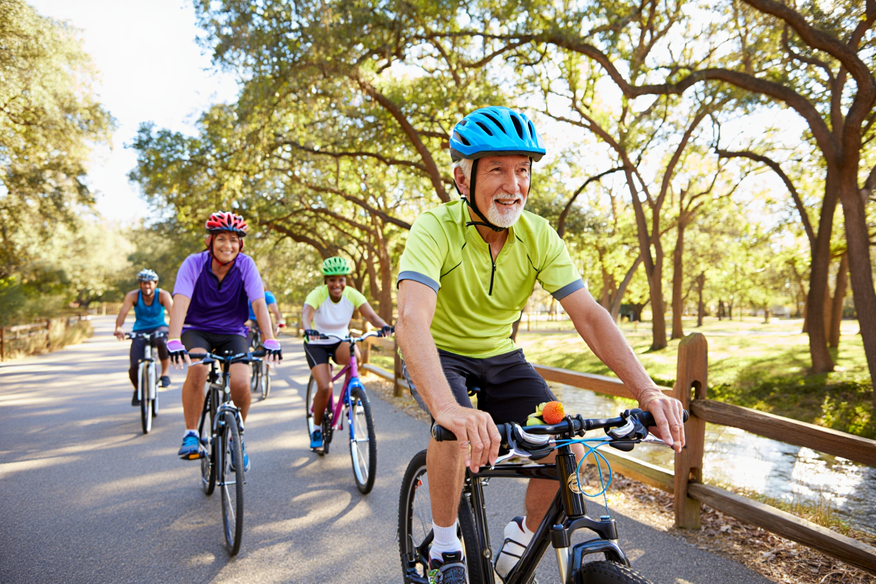 Group of Diverse Cyclists Enjoying a Sunny Day in a Park on Their Bicycles with Lush Greenery Surrounding Them