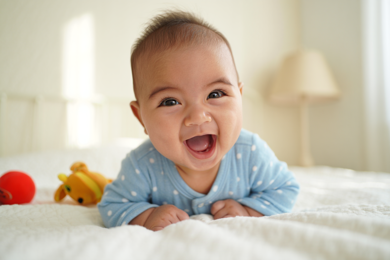 Joyful Baby Smiling in Cozy Nursery, Radiating Happiness and Delightful Charm with Playful Toys Nearby