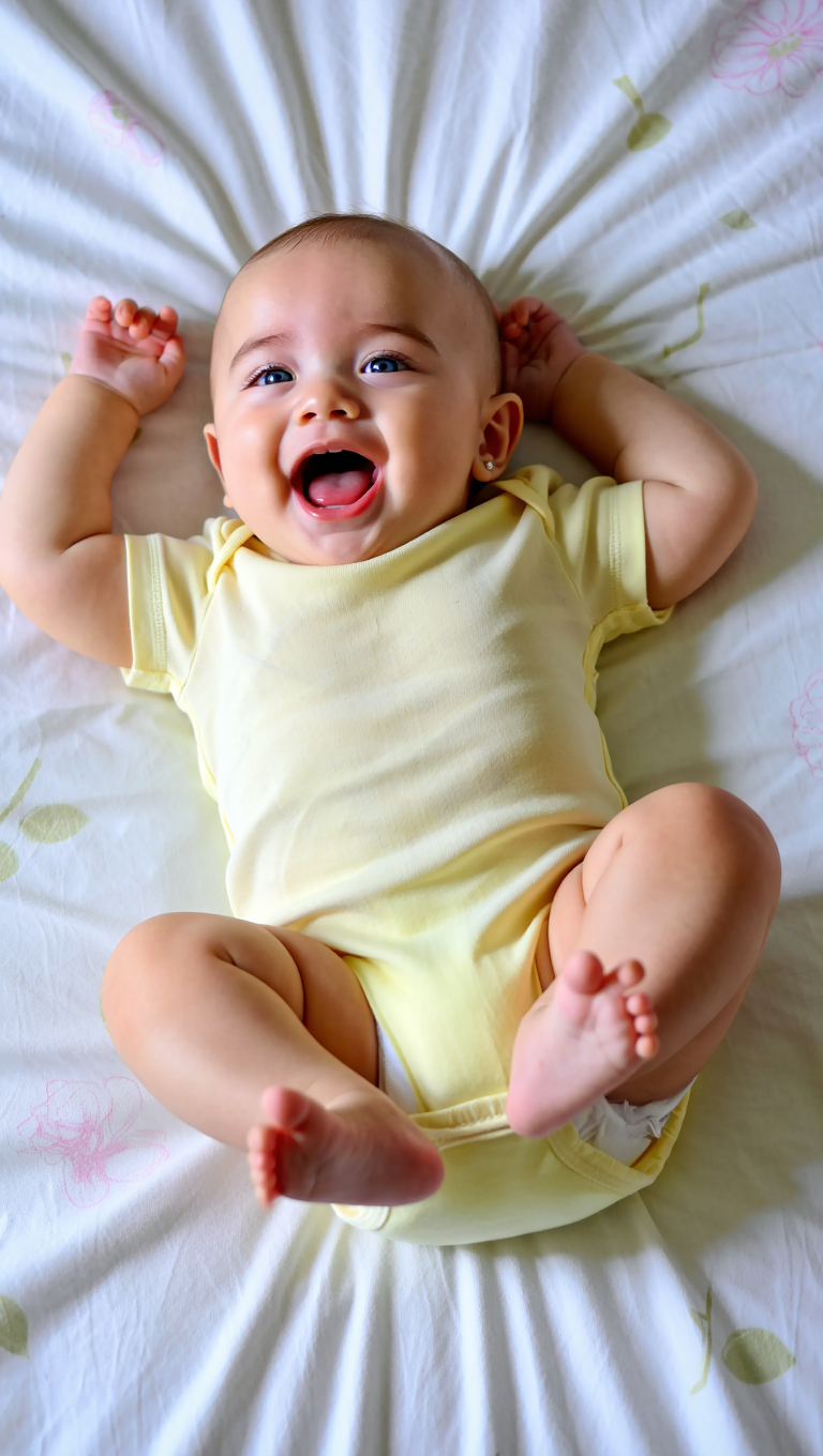 Adorable Smiling Baby in Yellow Onesie Grinning Happily on Soft Bedspread