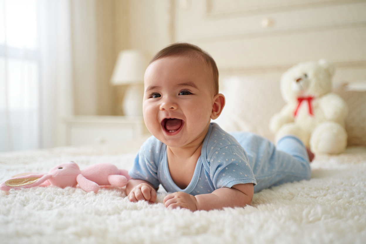 Joyful Baby Laughing on Soft Blanket Surrounded by Plush Toys in Cozy Room
