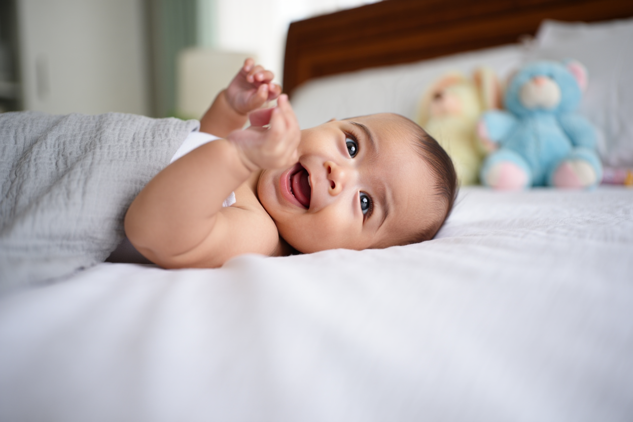 Adorable Baby Smiling Joyfully on a Cozy Bed Surrounded by Soft Toys