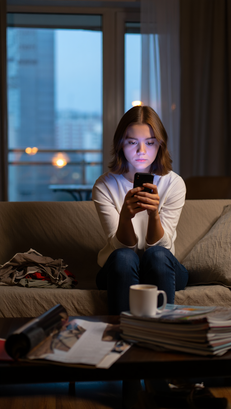 A Young Woman Engrossed in Her Smartphone Amidst a Cozy Indoor Setting at Dusk